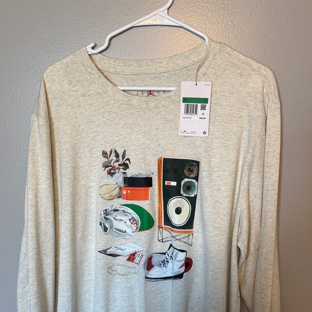 Jordan Cream Long Sleeve Shirt with Red Logo